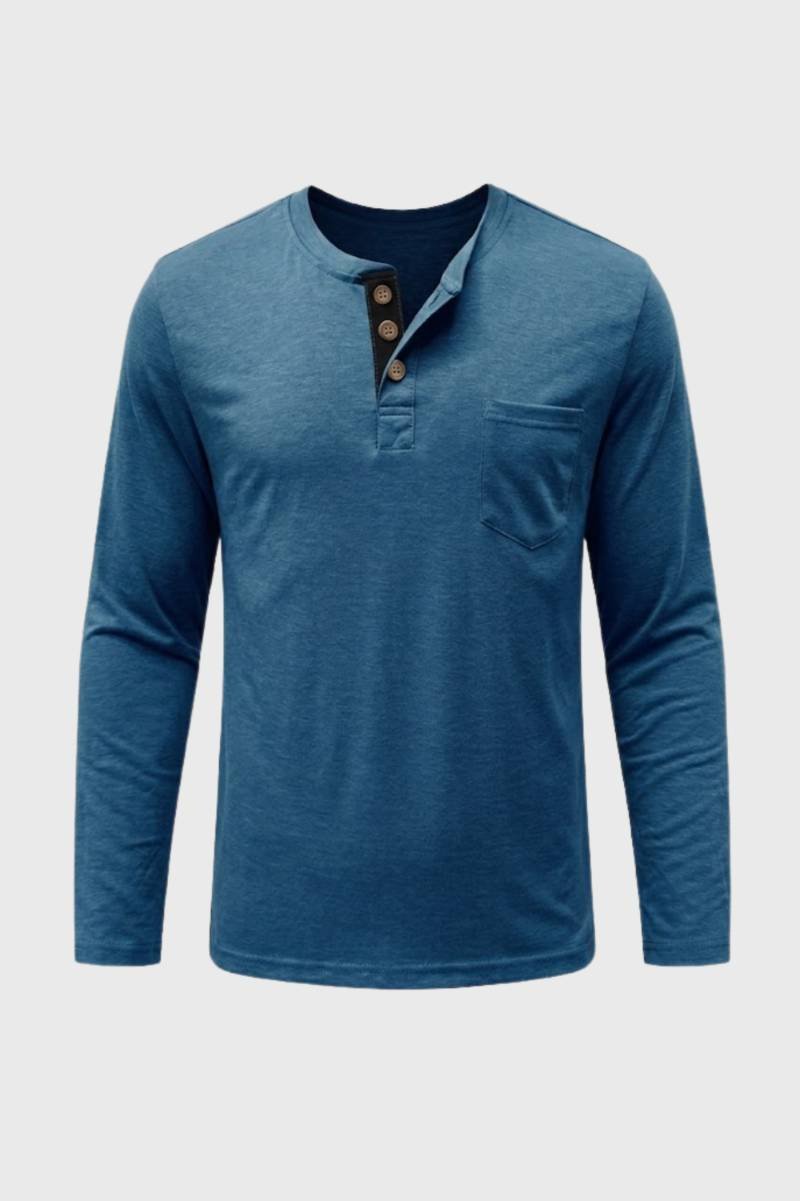 Long Sleeve Top Men - Henley Button Placket Chest Pocket | Casual — Blue