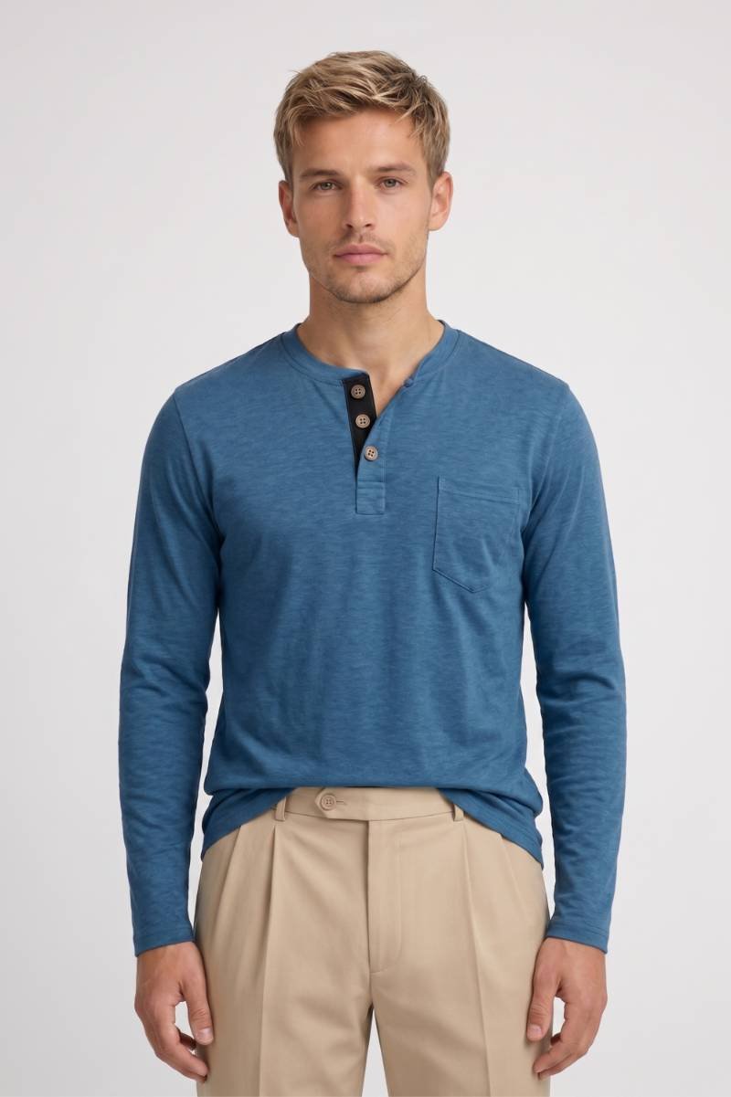 Long Sleeve Top Men - Henley Button Placket Chest Pocket | Casual — Blue
