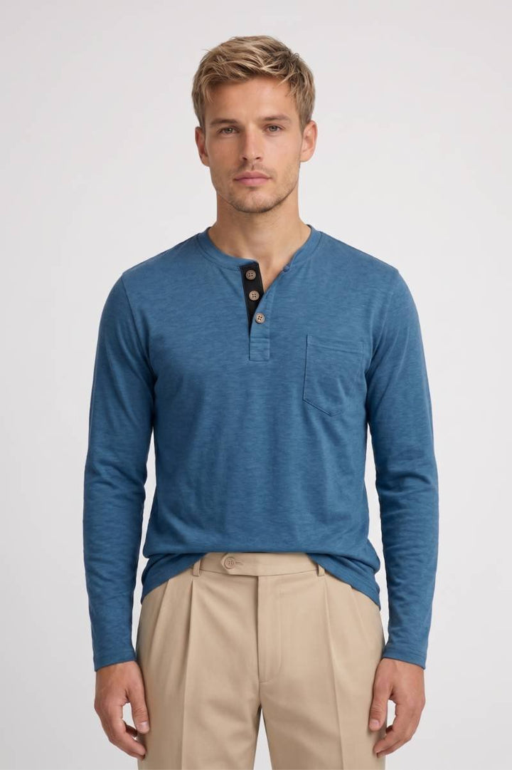Long Sleeve Top Men - Henley Button Placket Chest Pocket | Casual — Blue