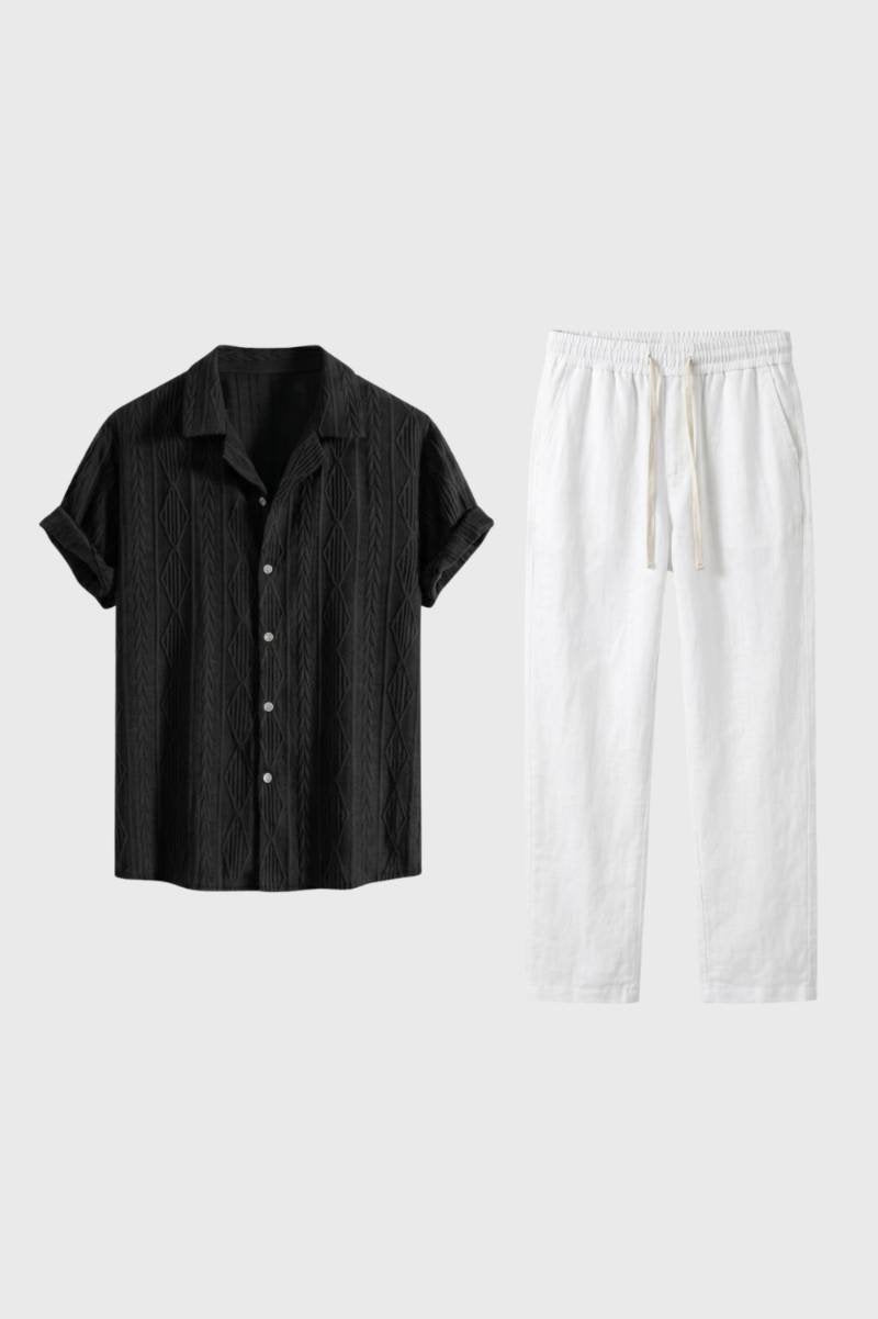 Loungewear Set Men - Textured Short Sleeve Button Up | Casual — Black