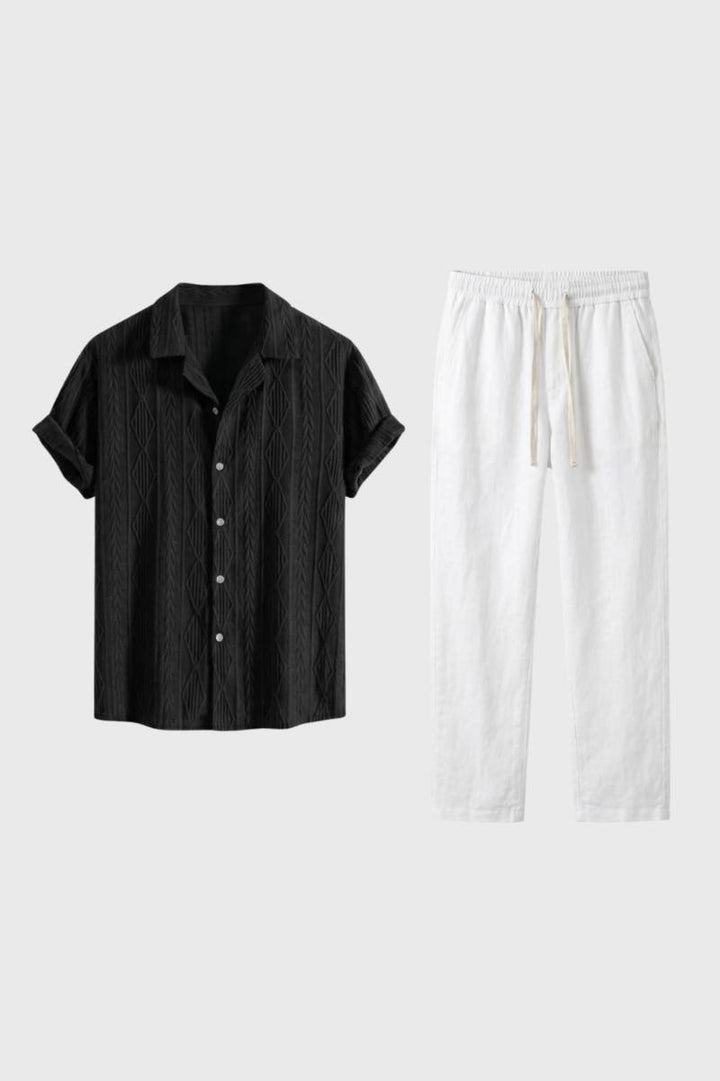 Loungewear Set Men - Textured Short Sleeve Button Up | Casual — Black
