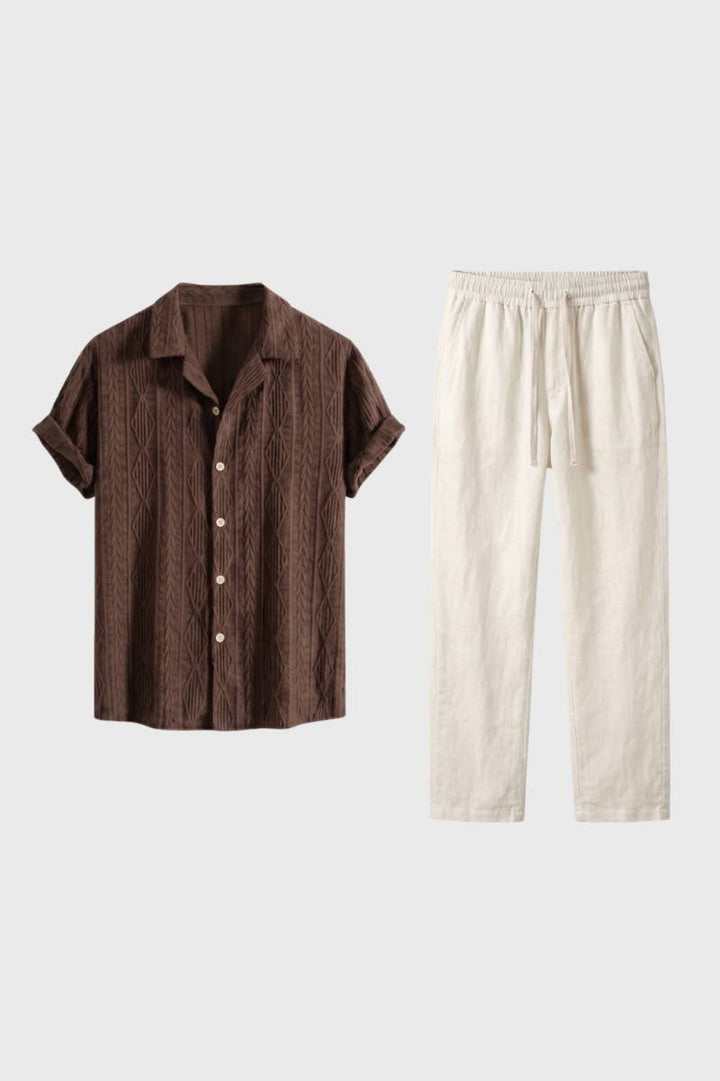 Loungewear Set Men - Textured Short Sleeve Button Up | Casual — Brown