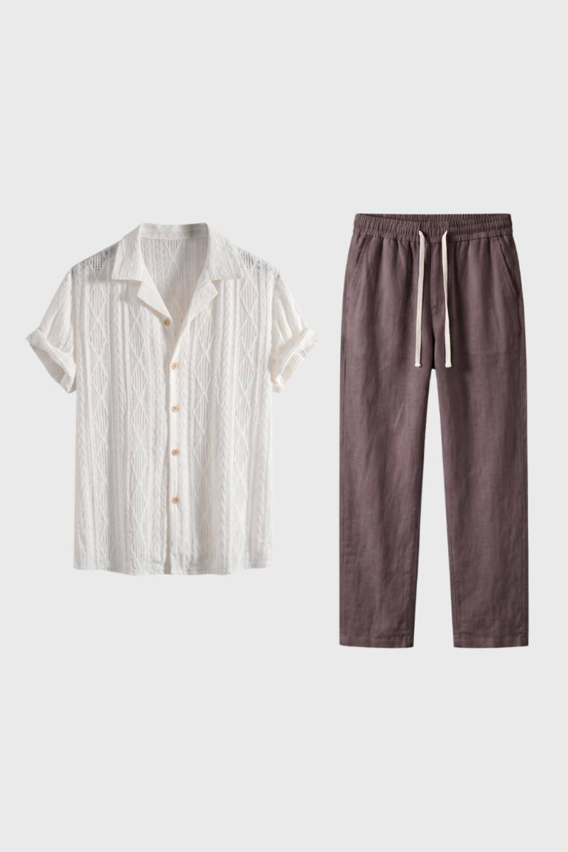 Loungewear Set Men - Textured Short Sleeve Button Up | Casual — White