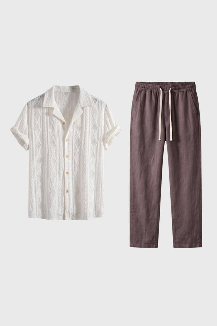 Loungewear Set Men - Textured Short Sleeve Button Up | Casual — White