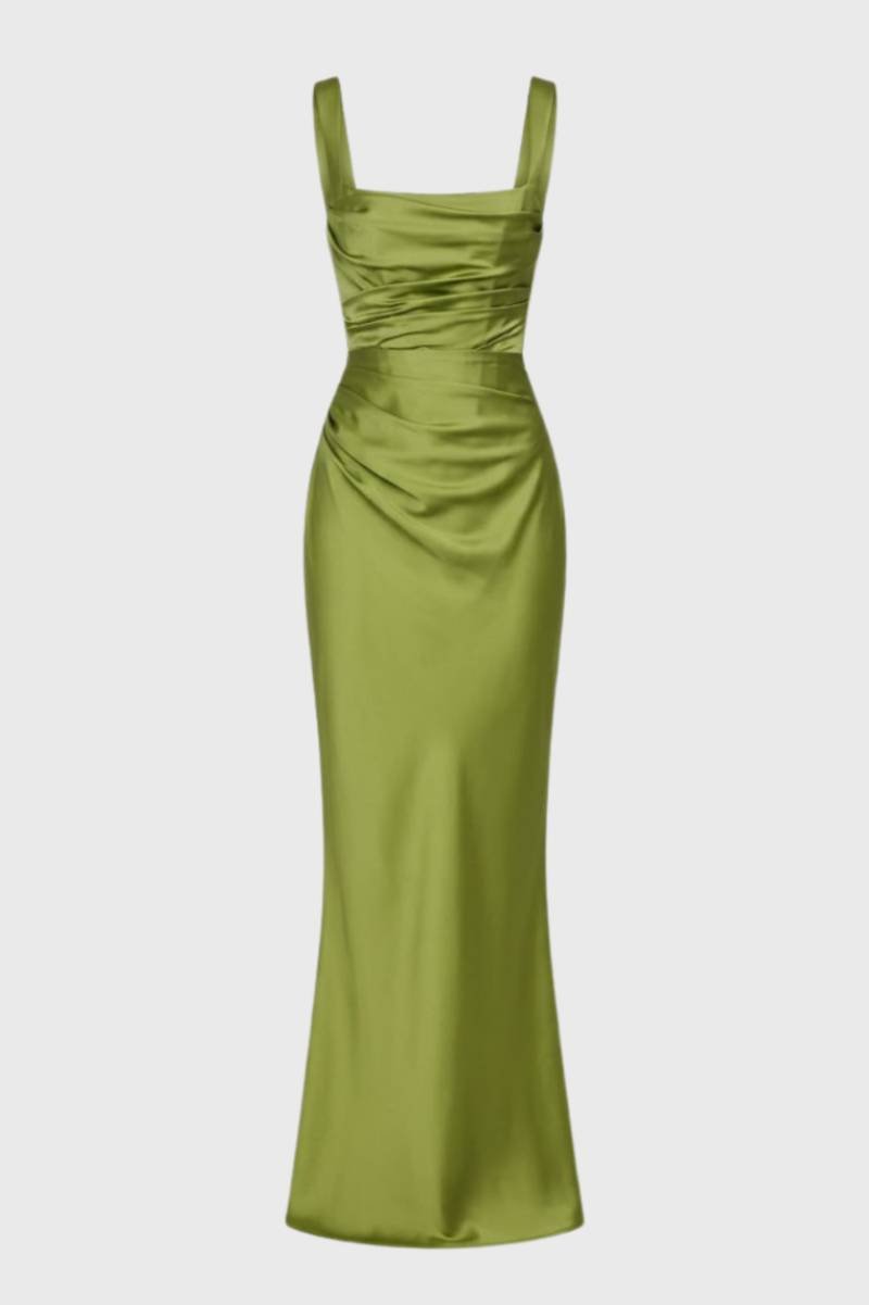 Maxi Dress Women - Bodycon Ruched Detail | Square Neckline - Olive