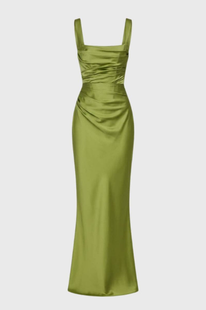 Maxi Dress Women - Bodycon Ruched Detail | Square Neckline - Olive