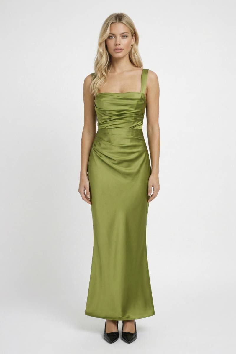 Maxi Dress Women - Bodycon Ruched Detail | Square Neckline - Olive