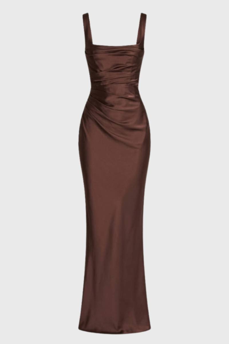 Maxi Dress Women - Bodycon Ruched Detail | Square Neckline - Chocolate