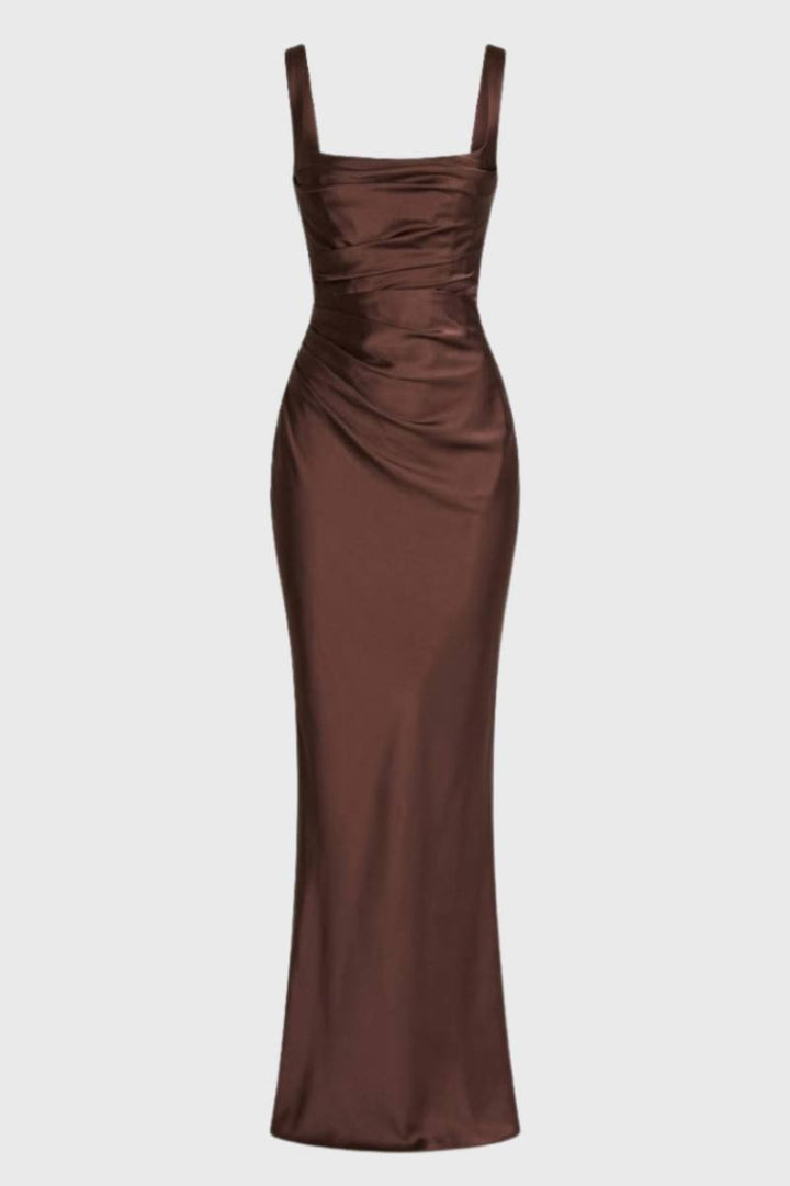 Maxi Dress Women - Bodycon Ruched Detail | Square Neckline - Chocolate