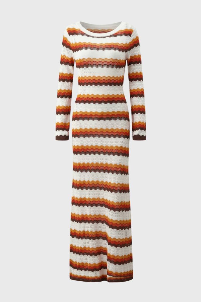 Maxi Dress Women - Chevron Striped Long Sleeve | Retro — Striped Orange