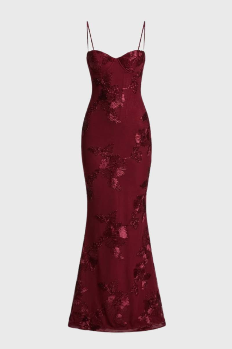 Maxi Dress Women - Floral Fitted with Straps | Elegant - Burgundy