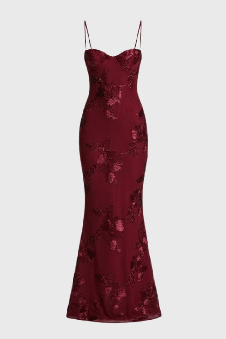 Maxi Dress Women - Floral Fitted with Straps | Elegant - Burgundy