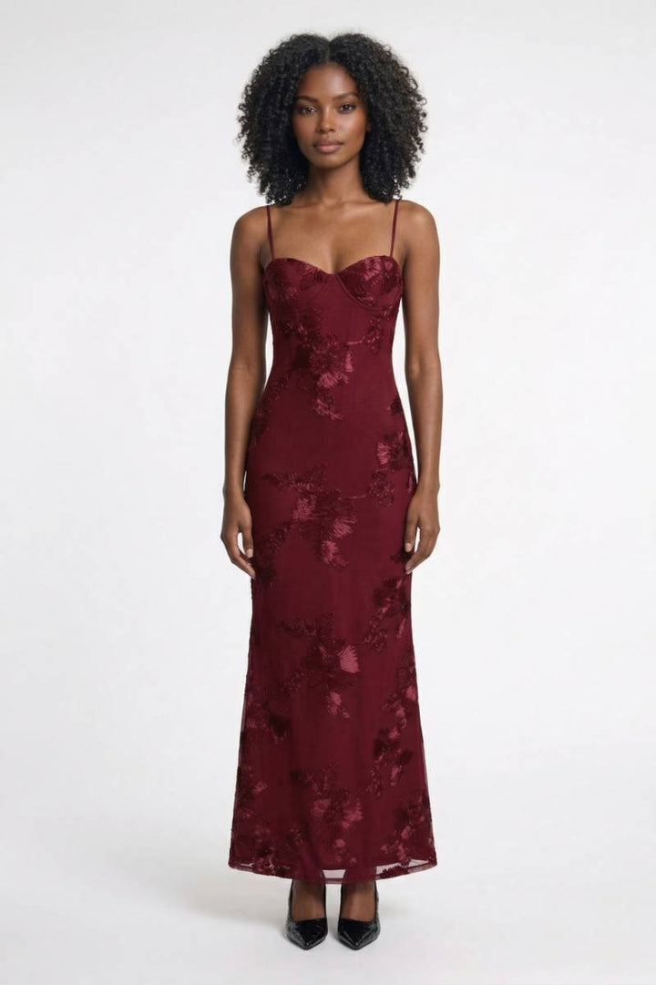 Maxi Dress Women - Floral Fitted with Straps | Elegant - Burgundy