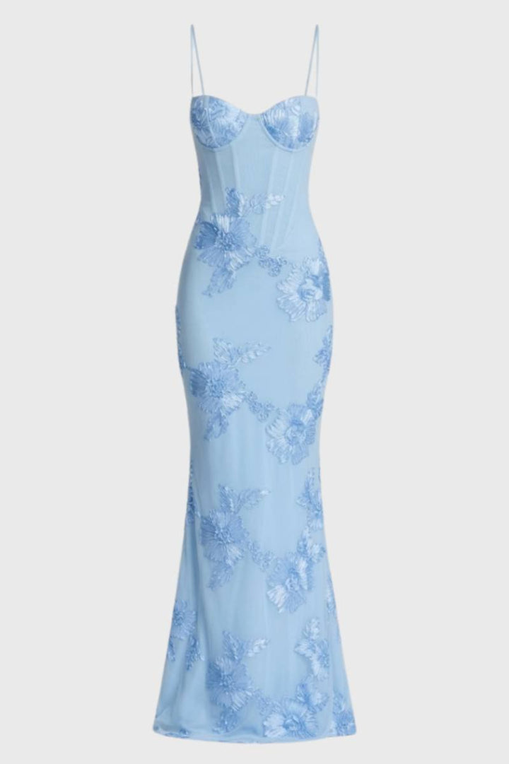 Maxi Dress Women - Floral Fitted with Straps | Elegant - Light Blue