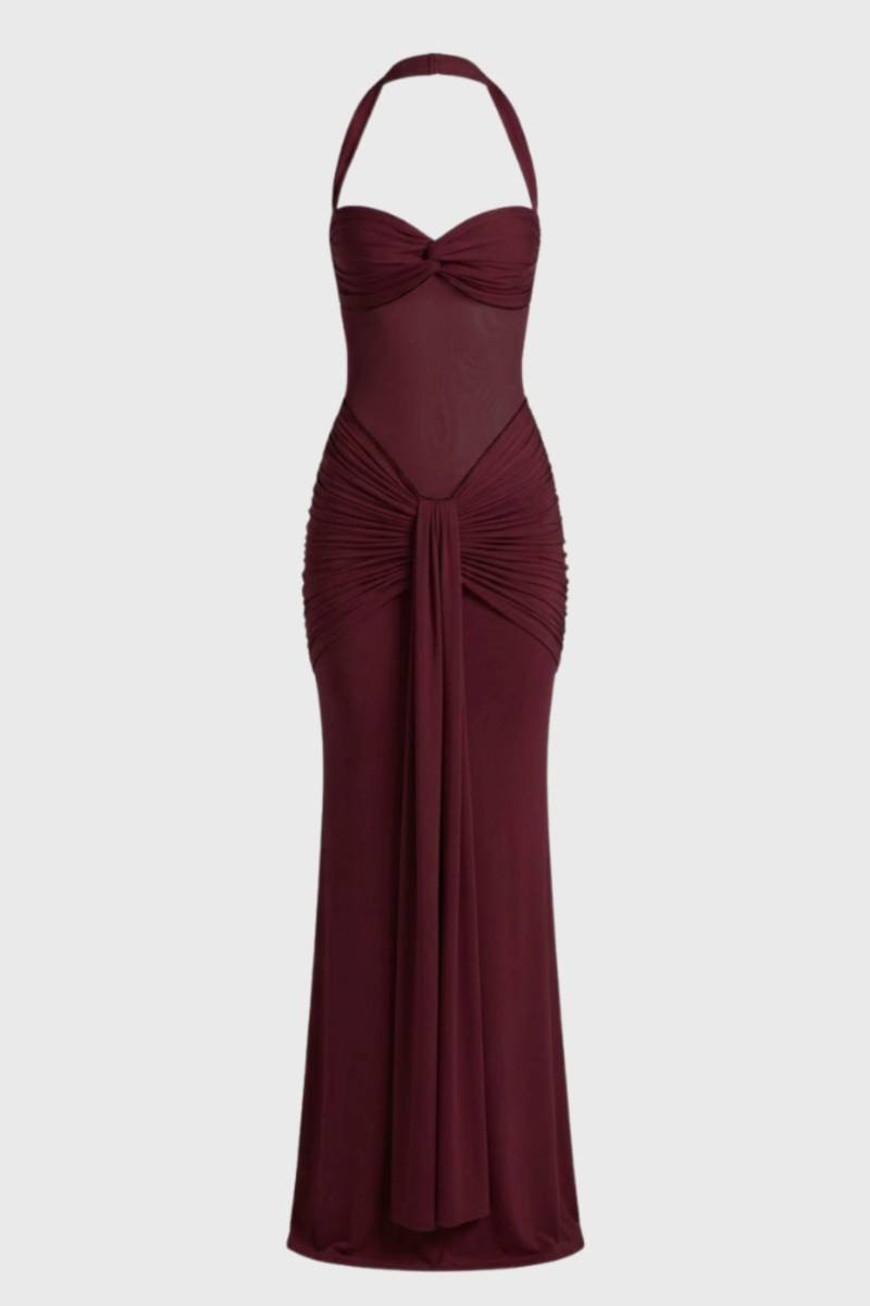 Maxi Dress Women - Halter Neck Ruched Detail | Elegant - Burgundy