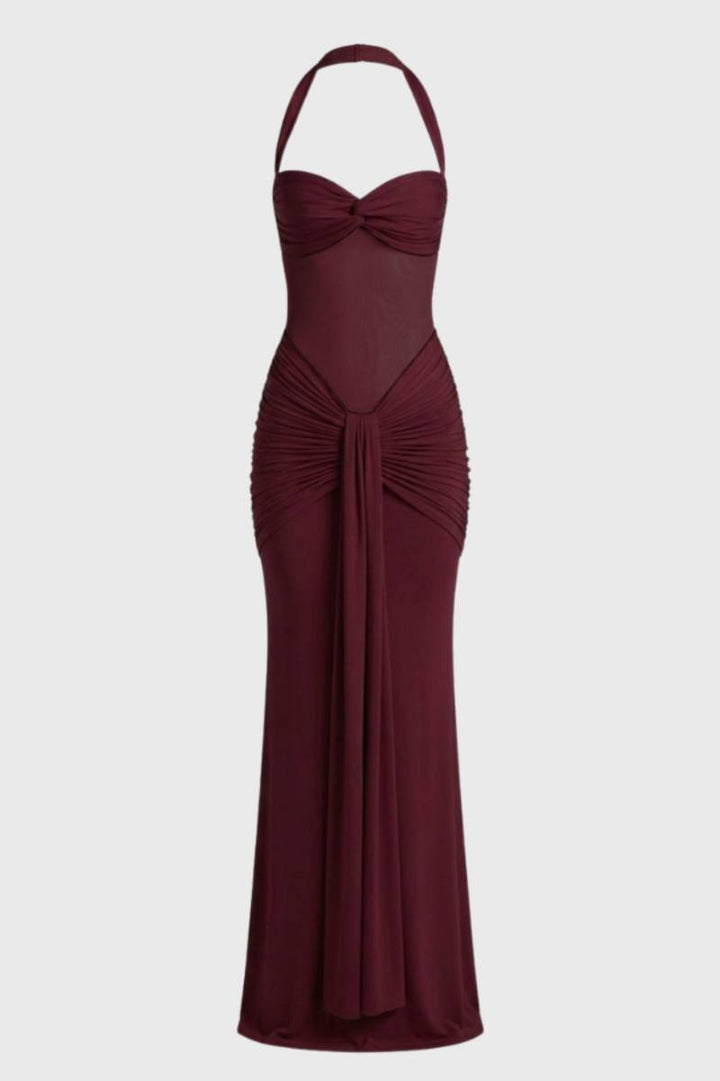 Maxi Dress Women - Halter Neck Ruched Detail | Elegant - Burgundy