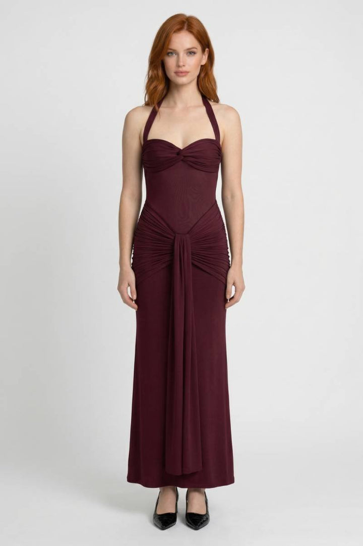 Maxi Dress Women - Halter Neck Ruched Detail | Elegant - Burgundy