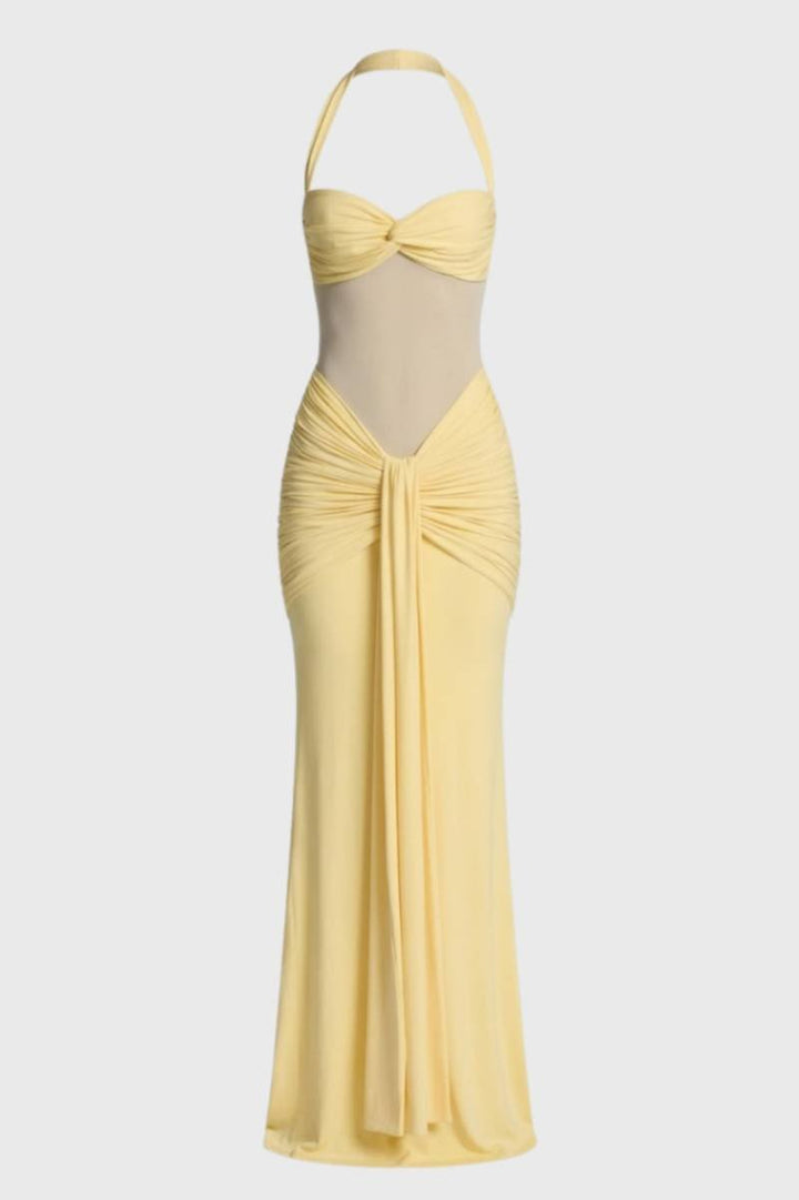 Maxi Dress Women - Halter Neck Ruched Detail | Elegant - Yellow