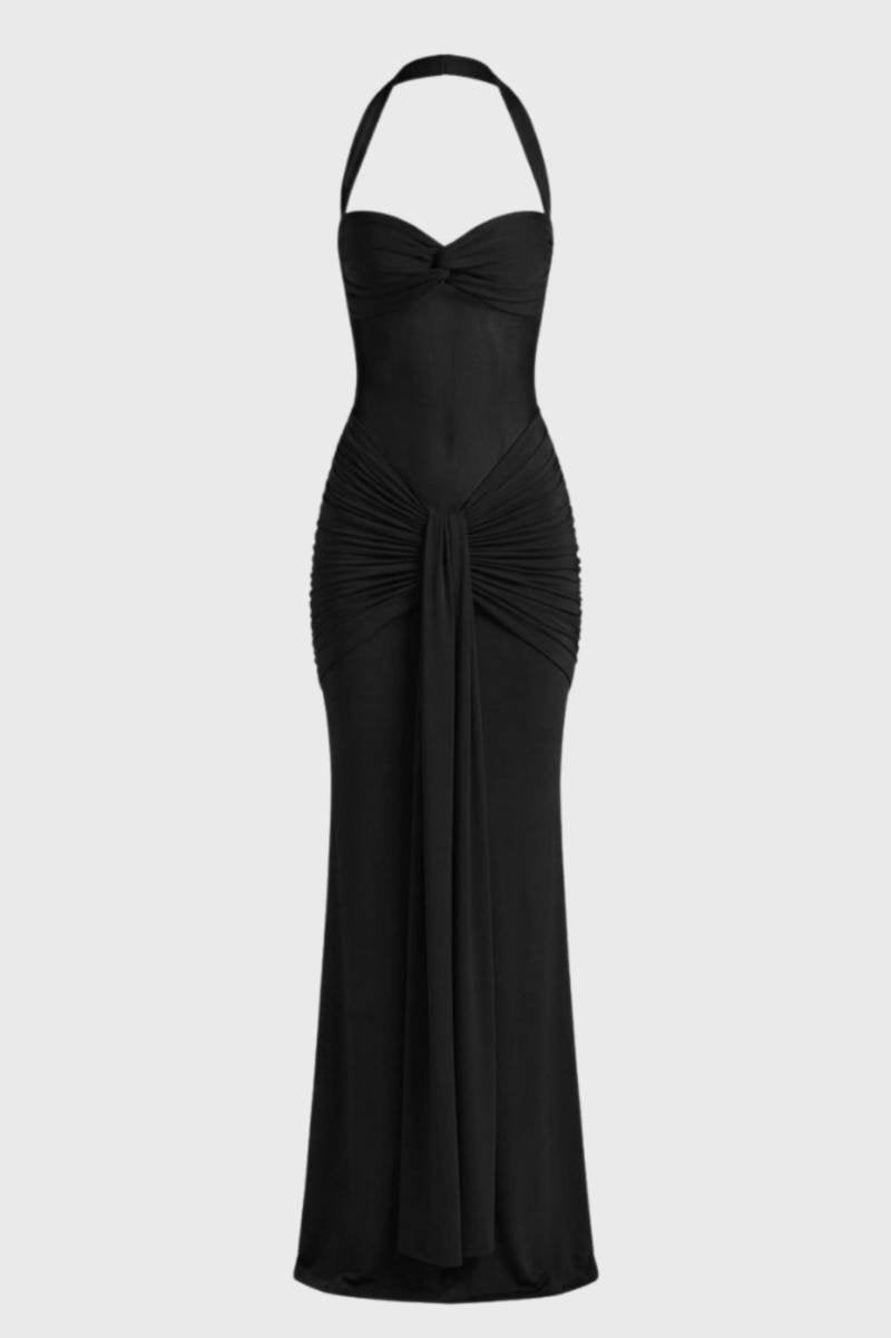 Maxi Dress Women - Halter Neck Ruched Detail | Elegant - Black
