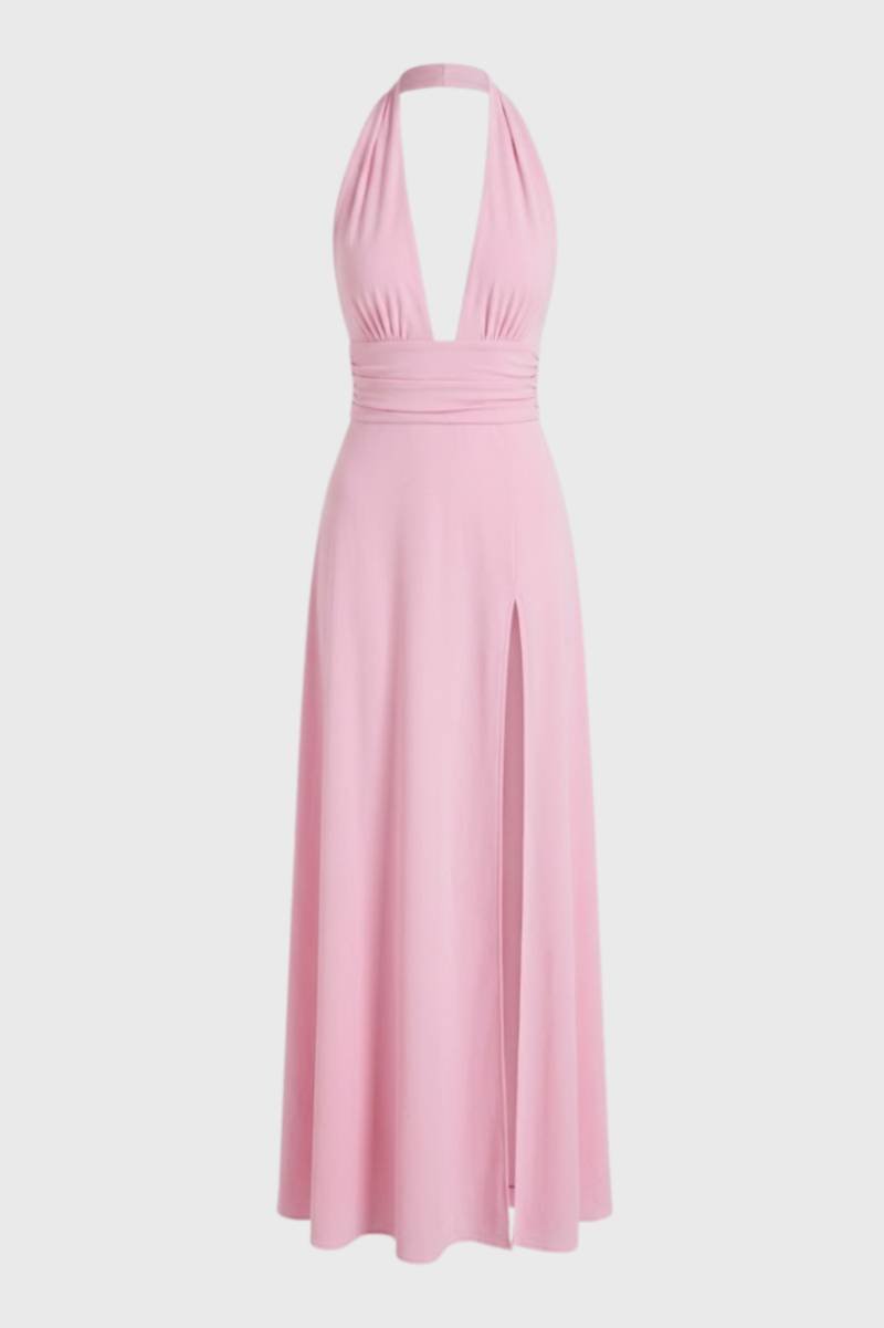 Maxi Dress Women - Halterneck Deep V with Side Split | Elegant - Pink