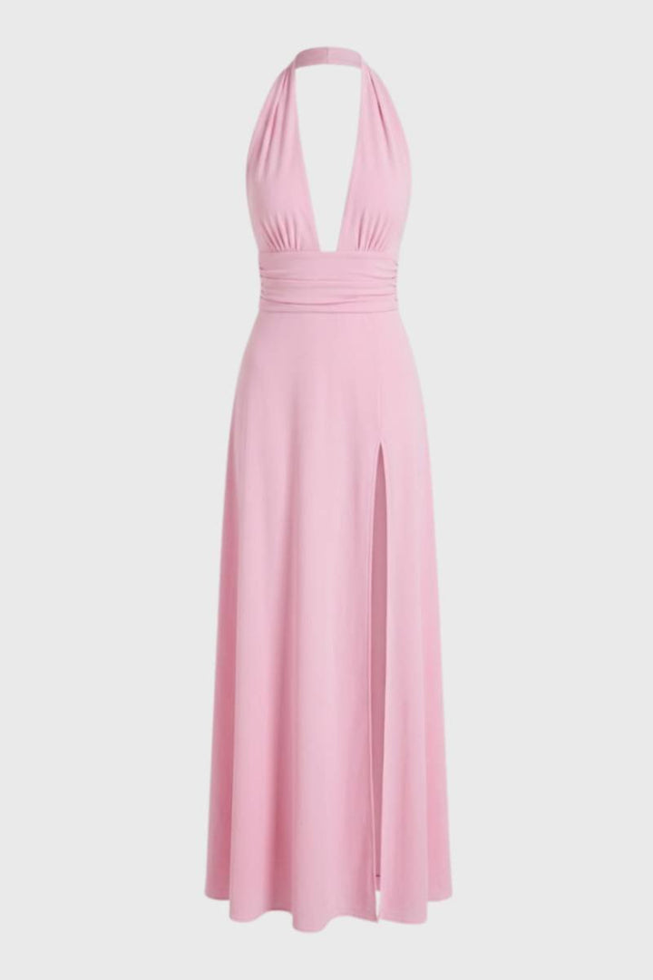 Maxi Dress Women - Halterneck Deep V with Side Split | Elegant - Pink