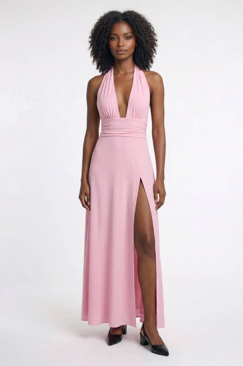 Maxi Dress Women - Halterneck Deep V with Side Split | Elegant - Pink