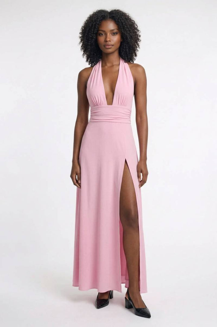 Maxi Dress Women - Halterneck Deep V with Side Split | Elegant - Pink