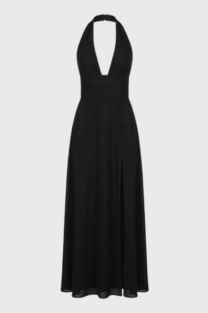 Maxi Dress Women - Halterneck Deep V with Side Split | Elegant - Black
