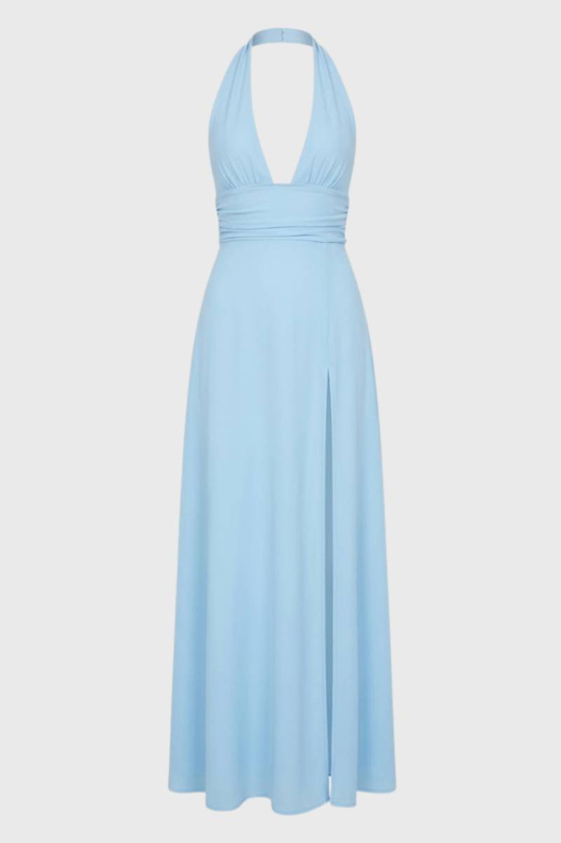 Maxi Dress Women - Halterneck Deep V with Side Split | Elegant - Light Blue