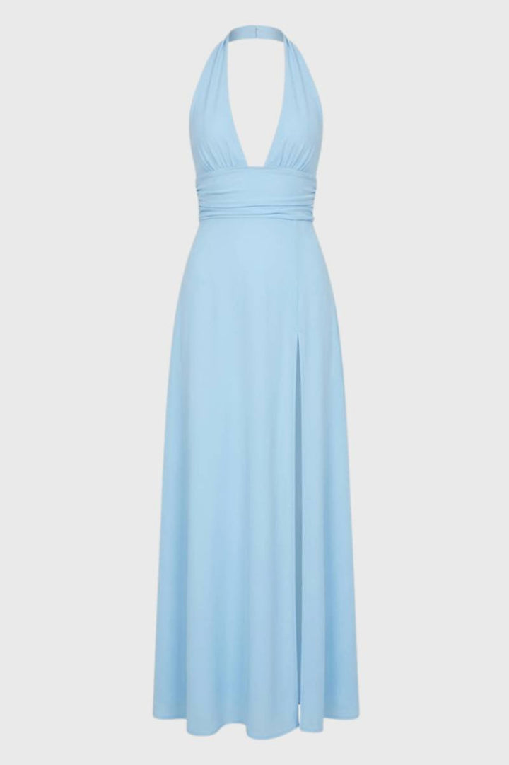 Maxi Dress Women - Halterneck Deep V with Side Split | Elegant - Light Blue