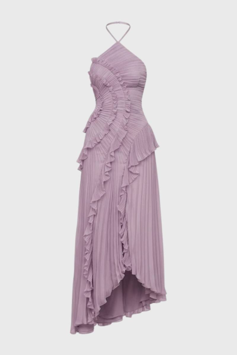 Maxi Dress Women - Halterneck Ruffle Detail | Asymmetric Hem - Dusty Rose