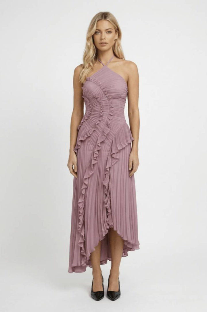Maxi Dress Women - Halterneck Ruffle Detail | Asymmetric Hem - Dusty Rose