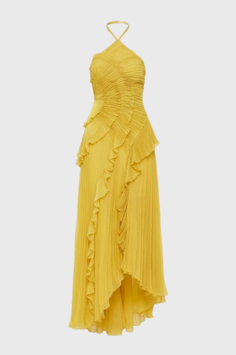 Maxi Dress Women - Halterneck Ruffle Detail | Asymmetric Hem - Yellow