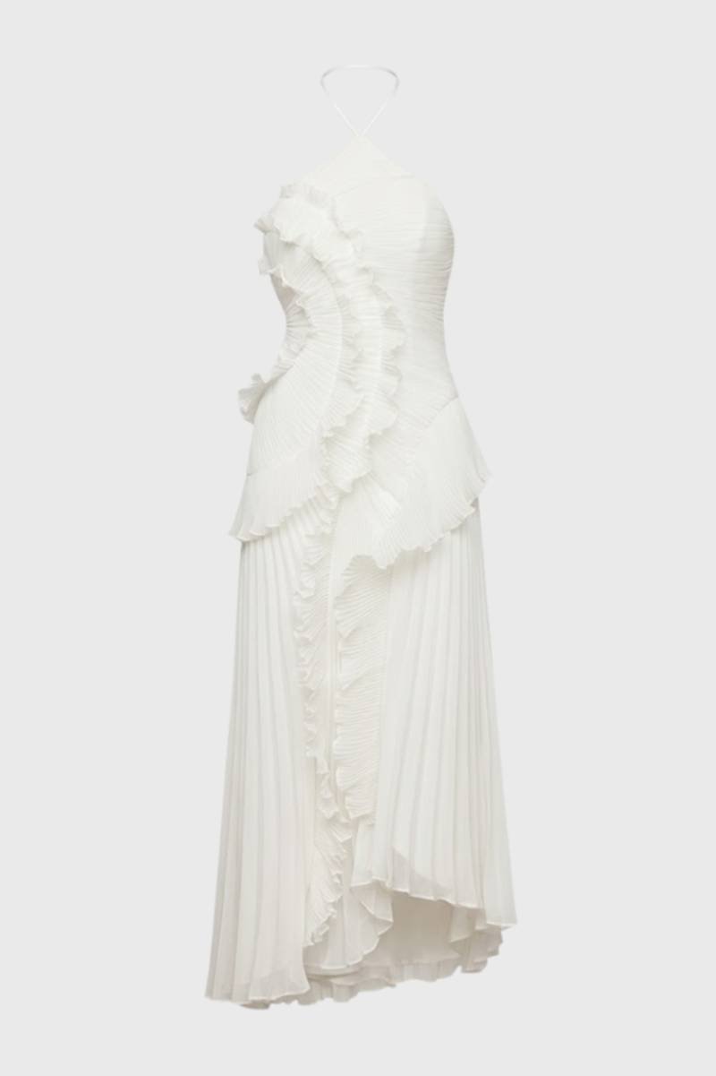 Maxi Dress Women - Halterneck Ruffle Detail | Asymmetric Hem - White