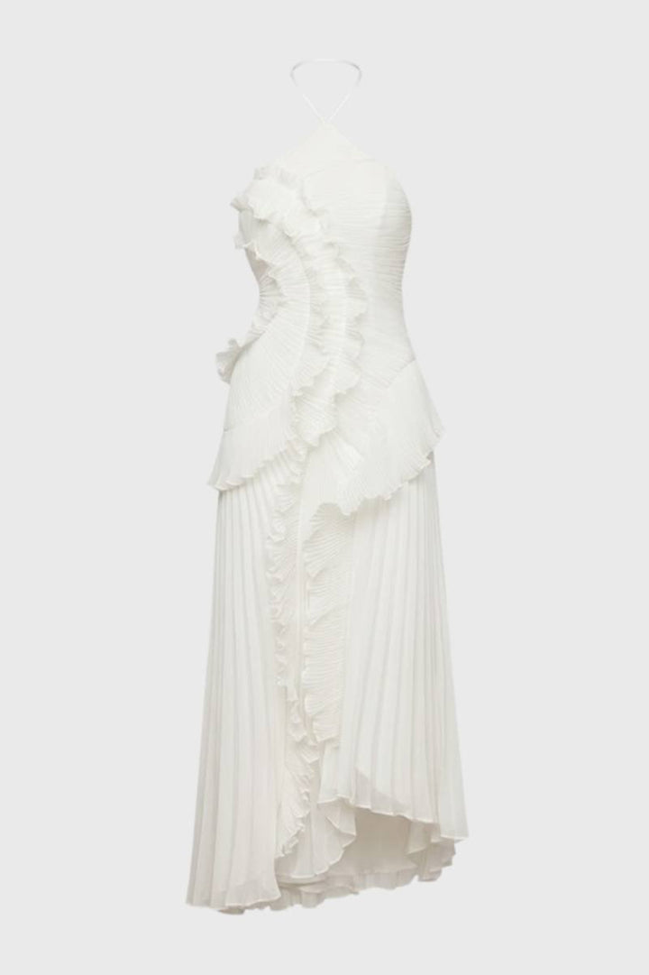 Maxi Dress Women - Halterneck Ruffle Detail | Asymmetric Hem - White