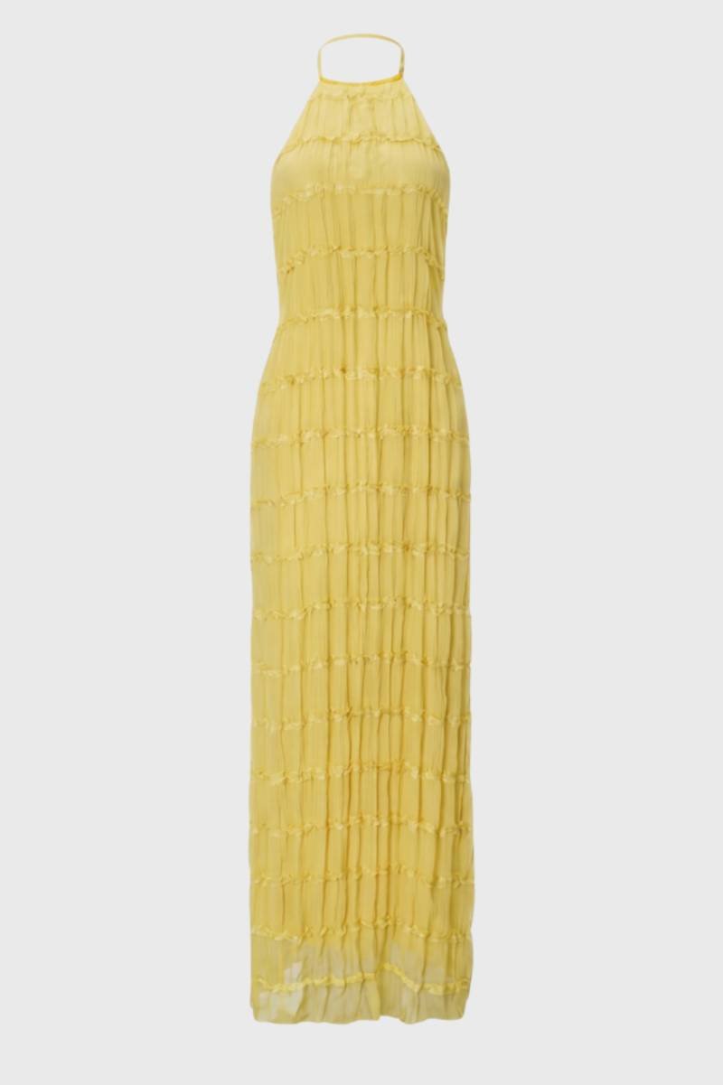 Maxi Dress Women - Halterneck Tiered with Textured Design | Elegant — Yellow
