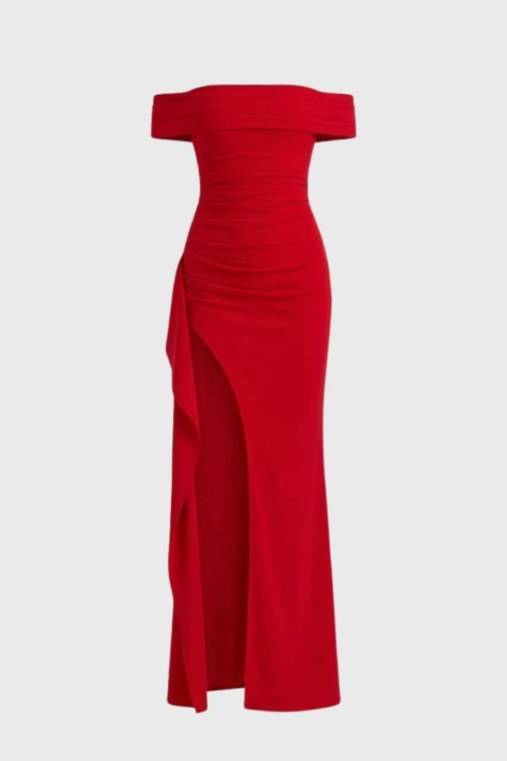 Maxi Dress Women - Off Shoulder Bardot Side Split | Elegant - Red