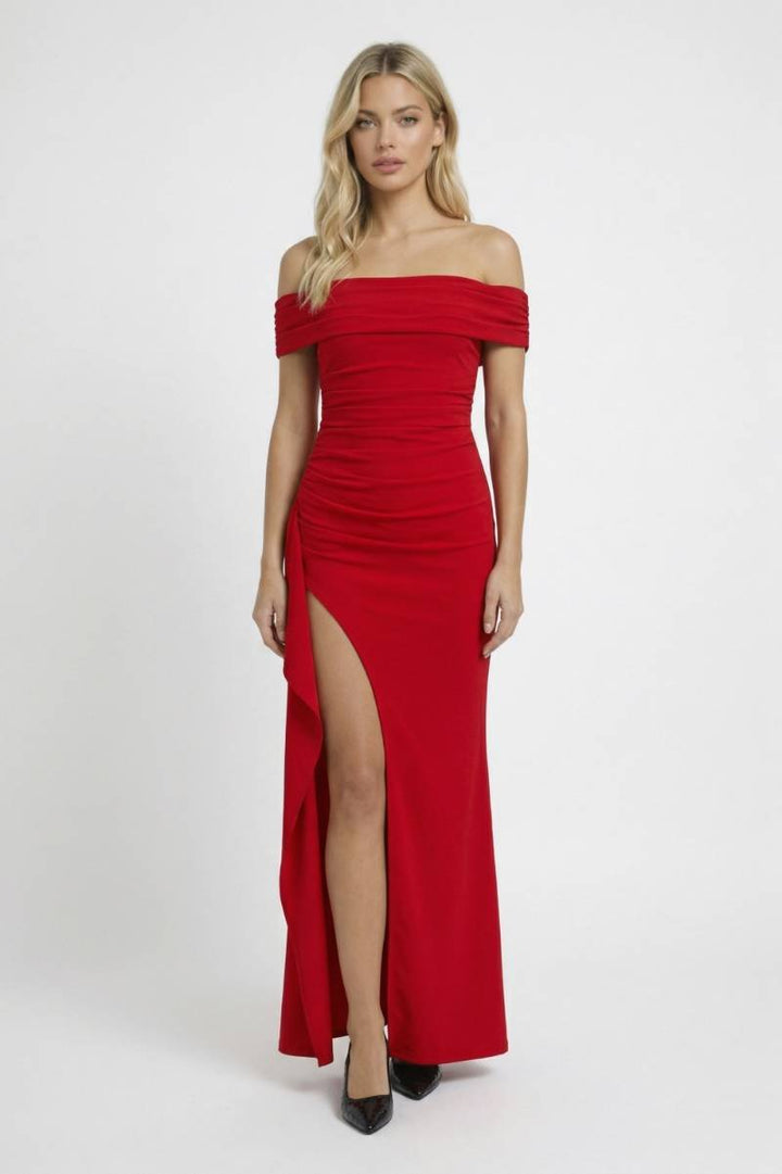 Maxi Dress Women - Off Shoulder Bardot Side Split | Elegant - Red