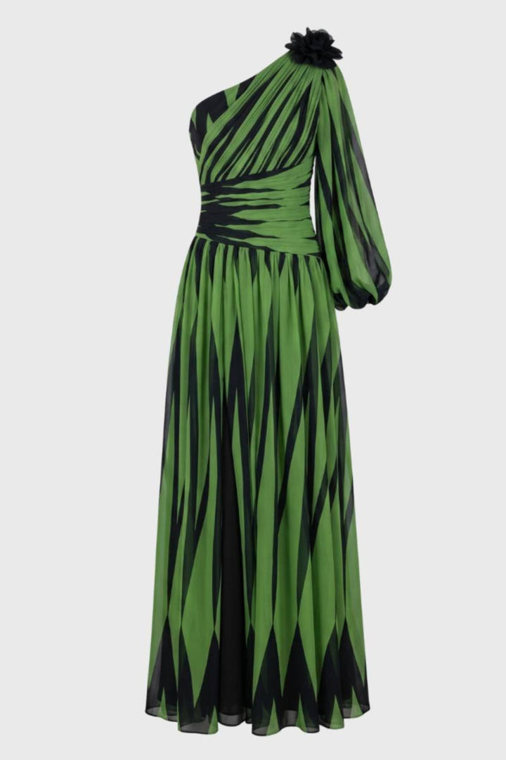 Maxi Dress Women - One Shoulder Printed with Flower Detail | Elegant — Green