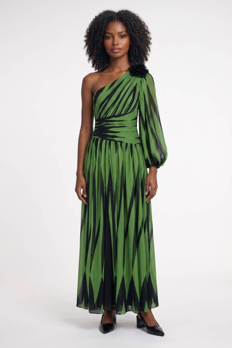 Maxi Dress Women - One Shoulder Printed with Flower Detail | Elegant — Green