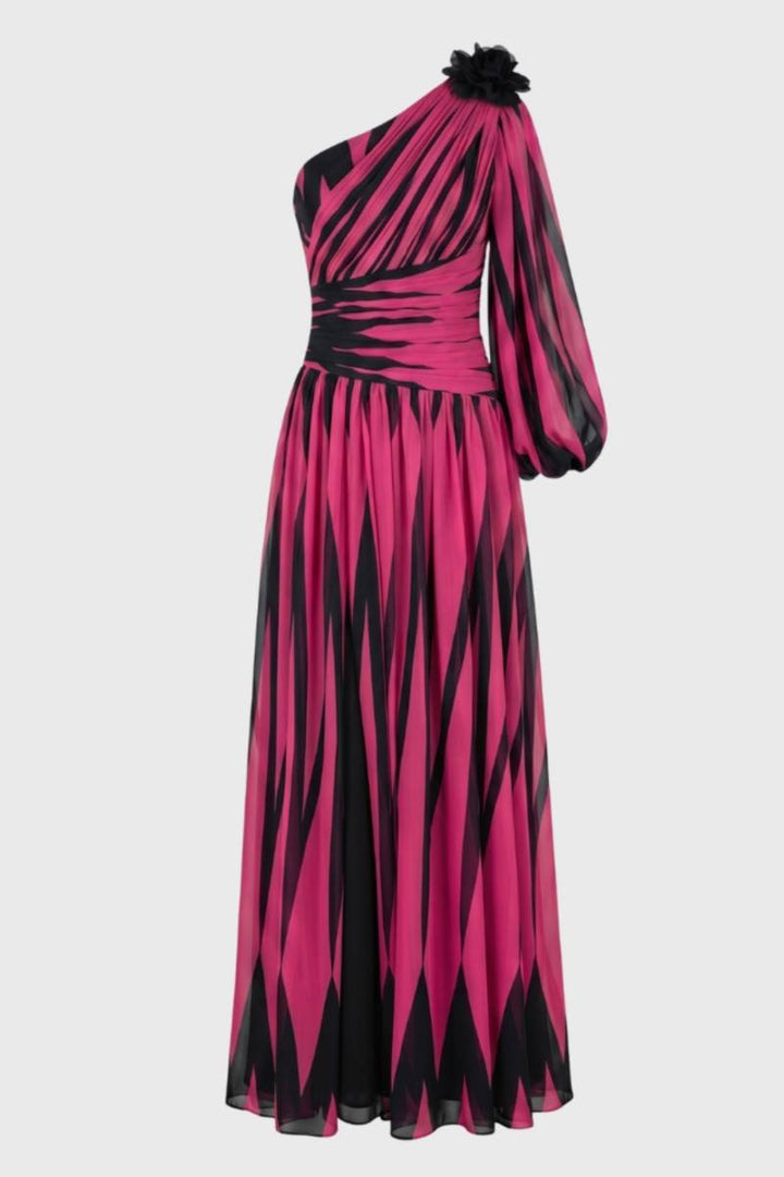 Maxi Dress Women - One Shoulder Printed with Flower Detail | Elegant — Pink