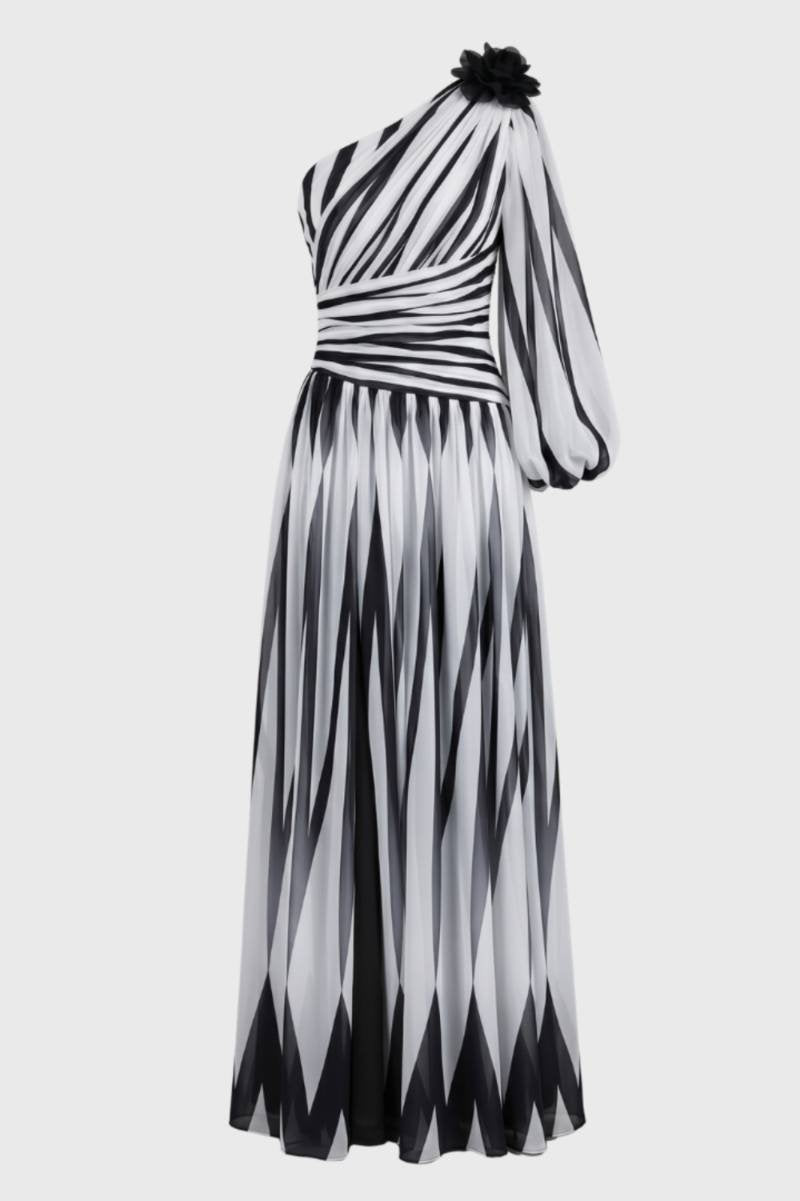 Maxi Dress Women - One Shoulder Printed with Flower Detail | Elegant — Black