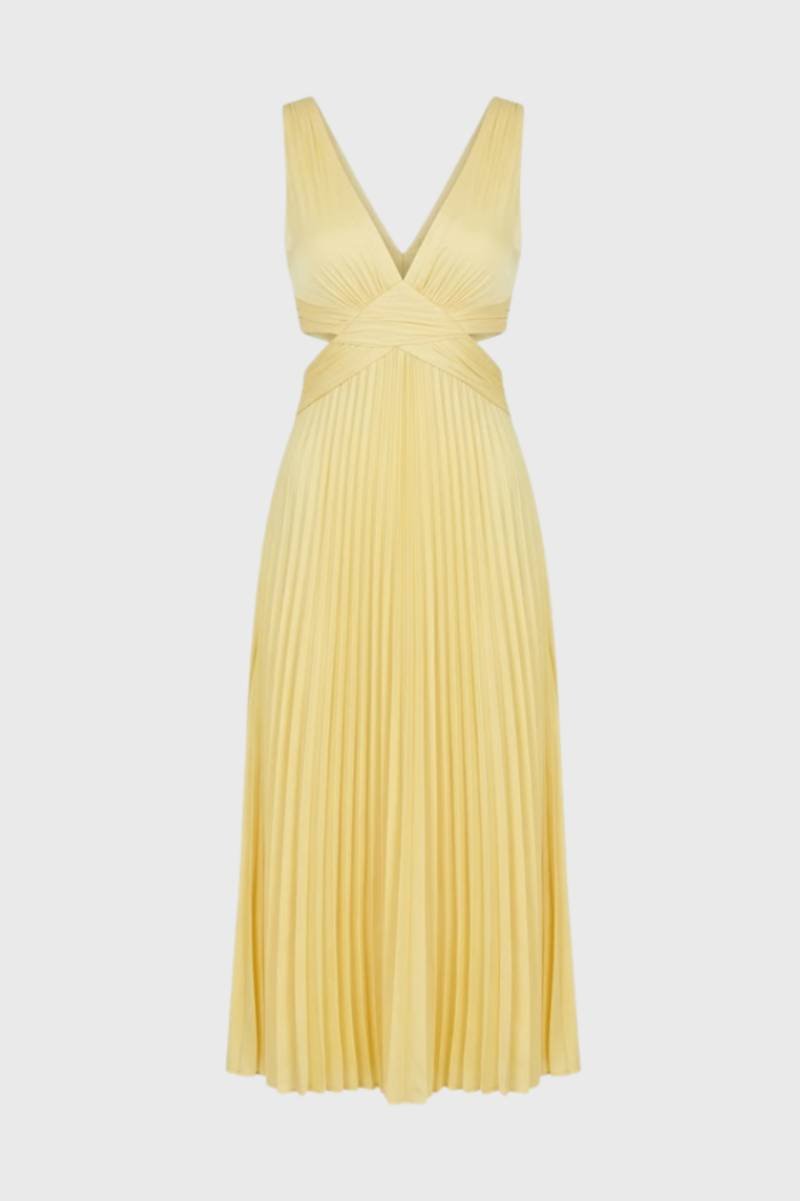 Maxi Dress Women - Pleated Cut Out V Neck | Elegant - Yellow