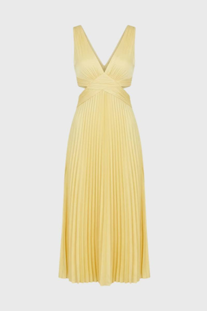 Maxi Dress Women - Pleated Cut Out V Neck | Elegant - Yellow