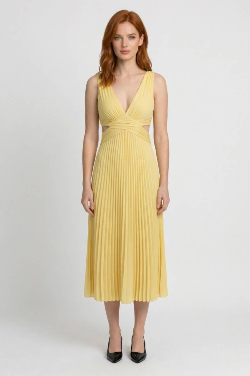 Maxi Dress Women - Pleated Cut Out V Neck | Elegant - Yellow