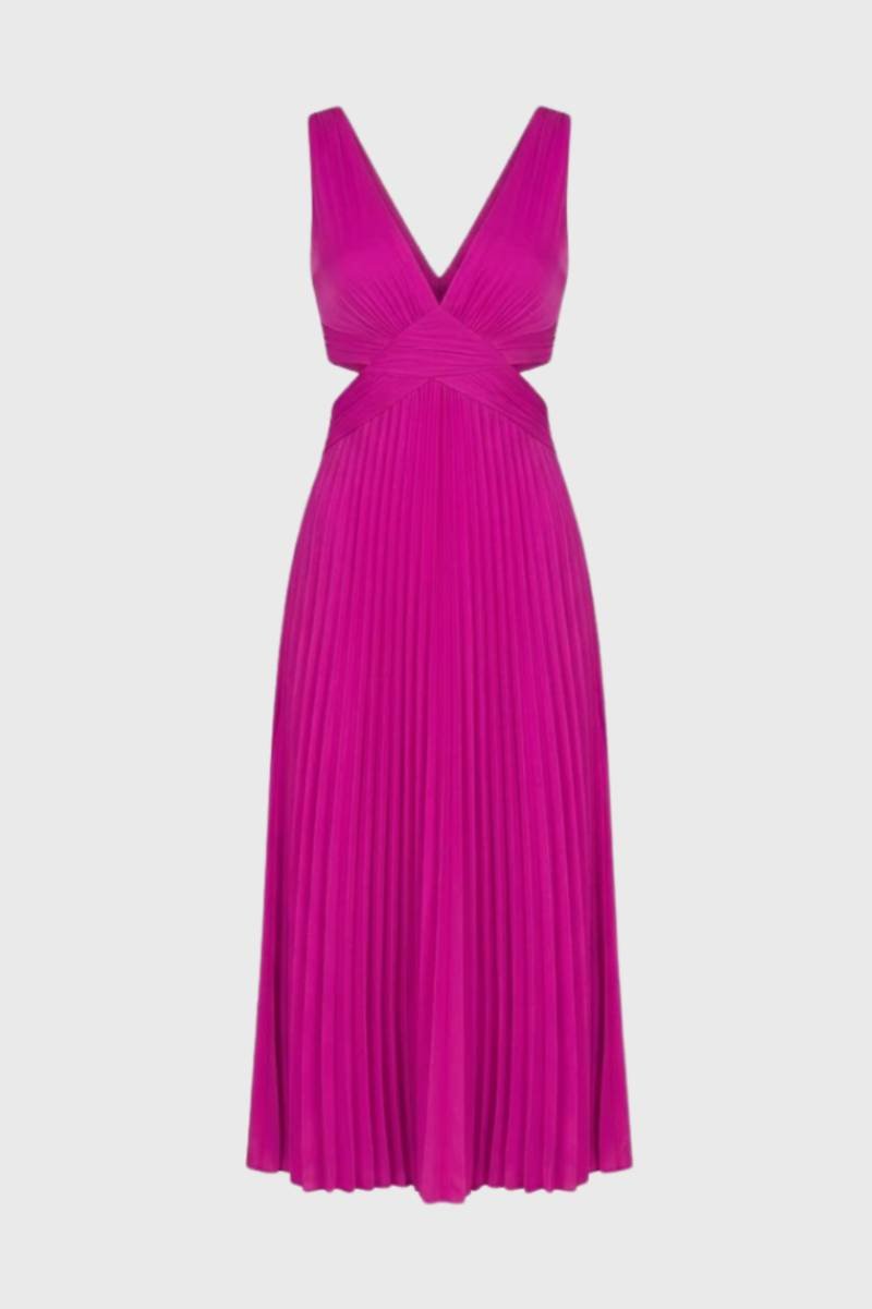 Maxi Dress Women - Pleated Cut Out V Neck | Elegant - Hot Pink