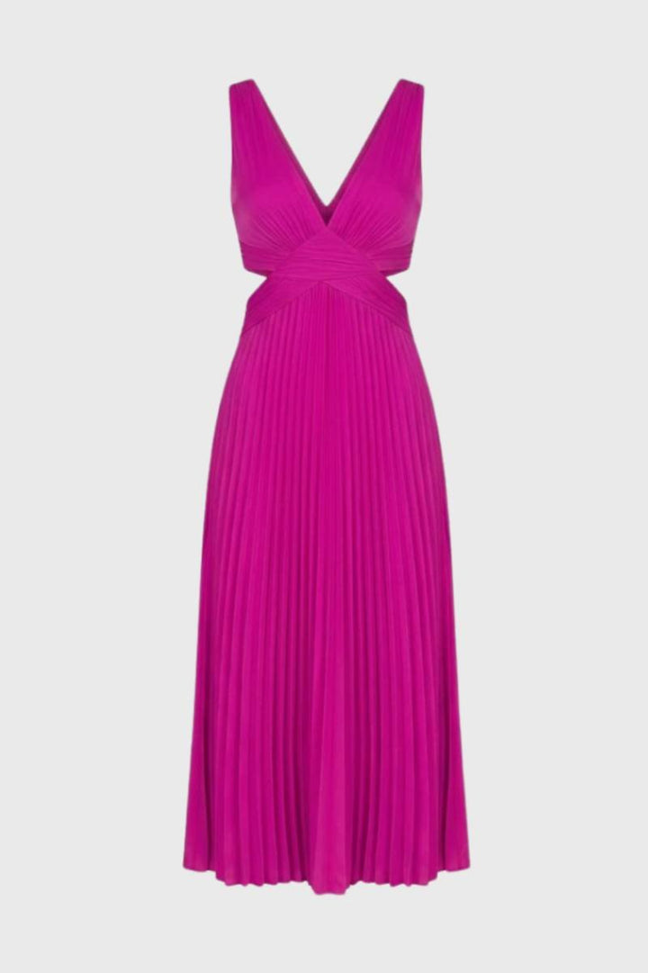 Maxi Dress Women - Pleated Cut Out V Neck | Elegant - Hot Pink