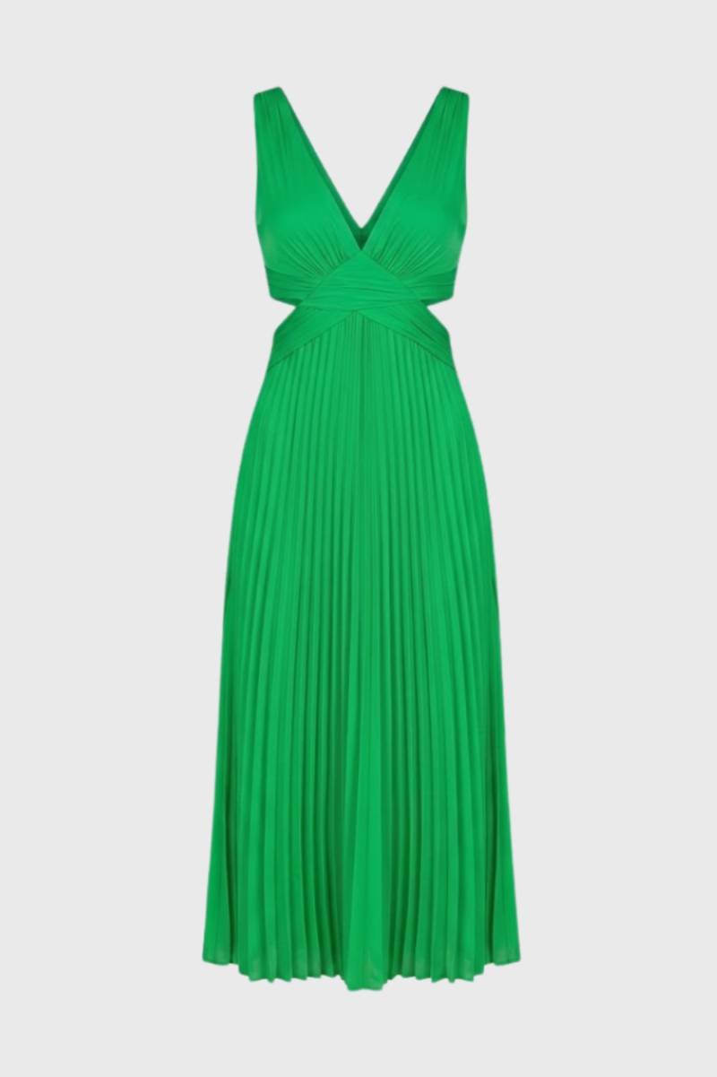 Maxi Dress Women - Pleated Cut Out V Neck | Elegant - Green