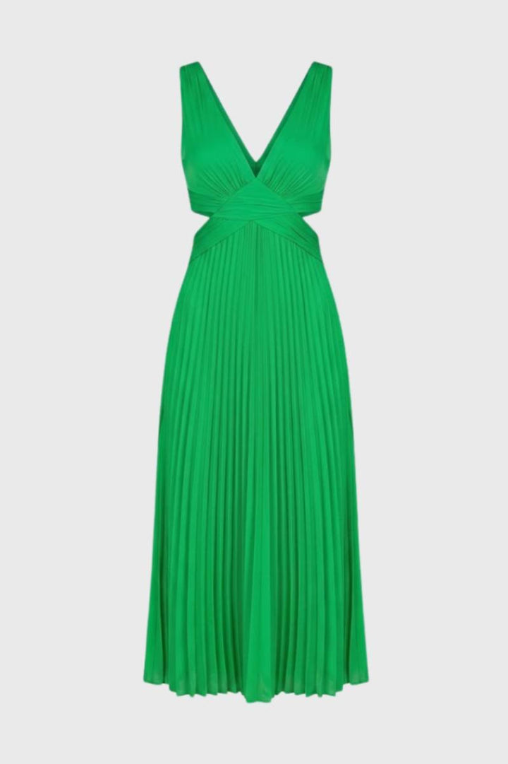 Maxi Dress Women - Pleated Cut Out V Neck | Elegant - Green
