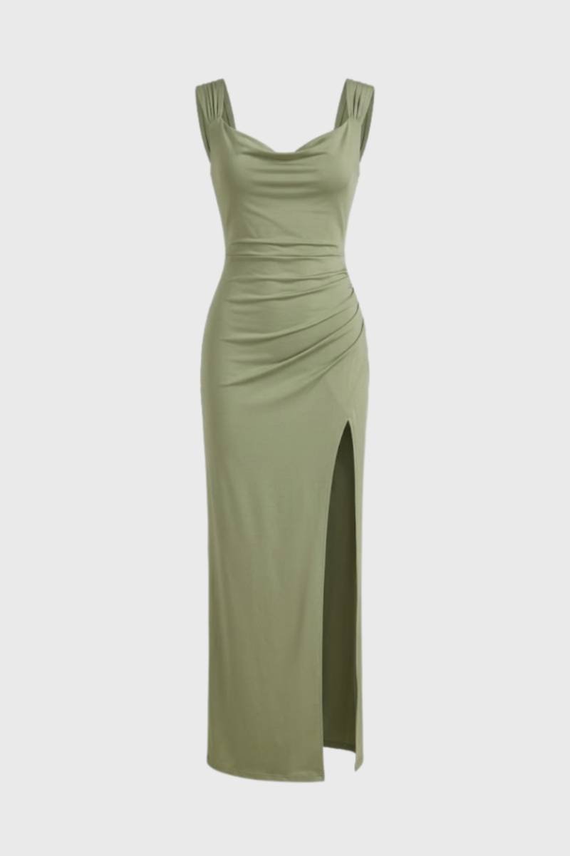 Maxi Dress Women - Ruched Cowl Neck with Side Split | Elegant